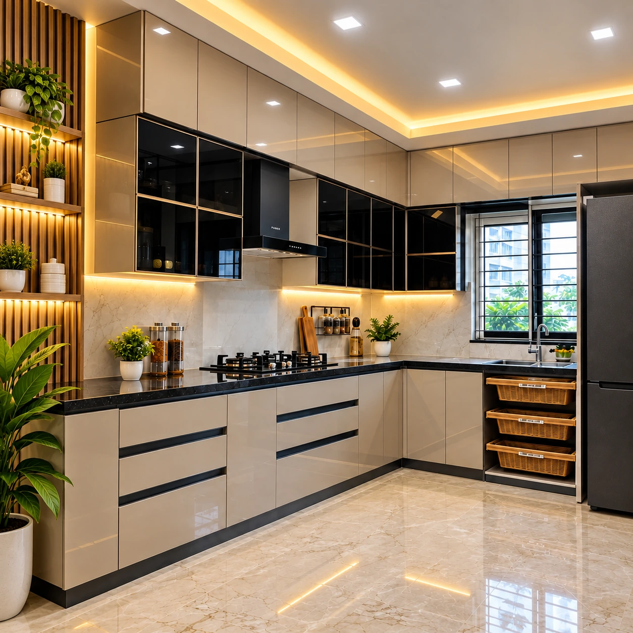 Contemporary modular kitchen with warm ambient under-cabinet lighting, fluted wooden panelling and glossy finish by Wood Crops, Chennai