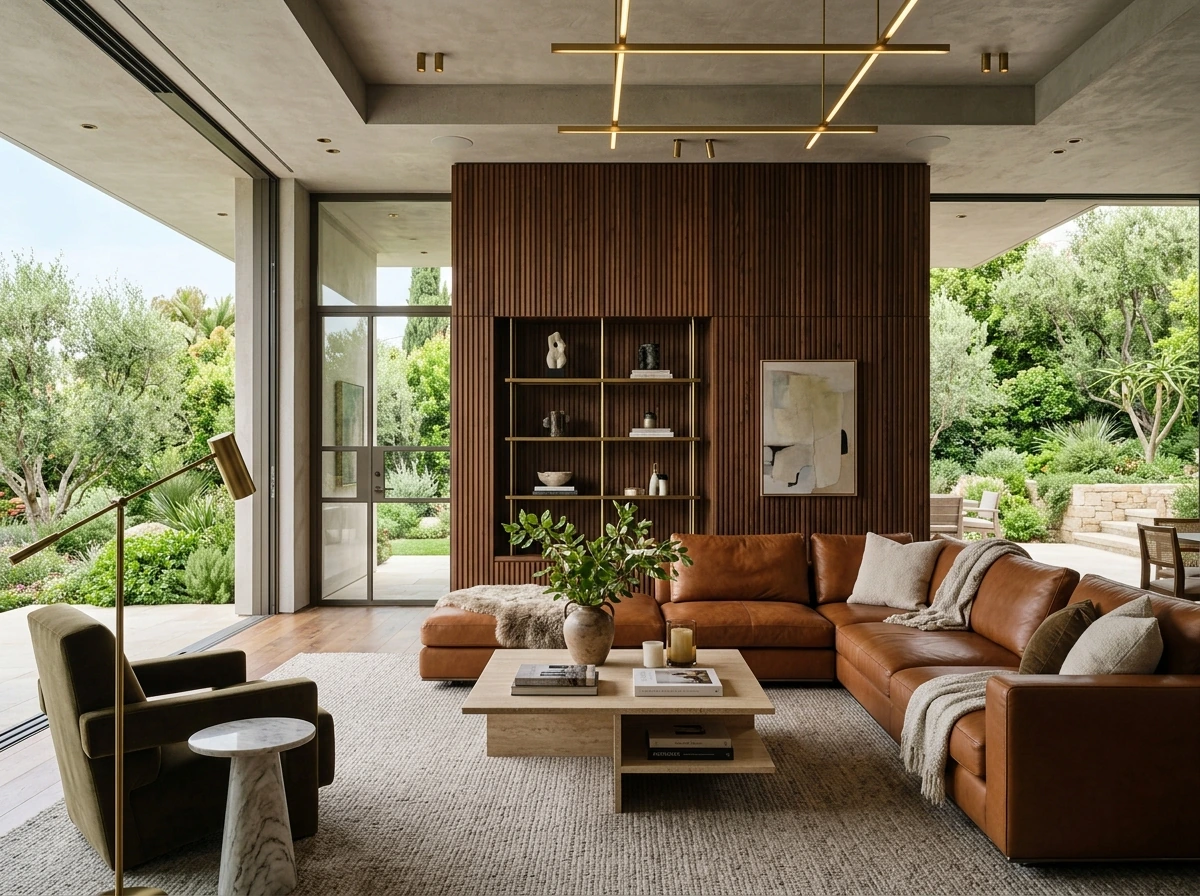 Modern living room interior with custom wood panelling, premium leather sofas and bespoke joinery by Wood Crops, Chennai
