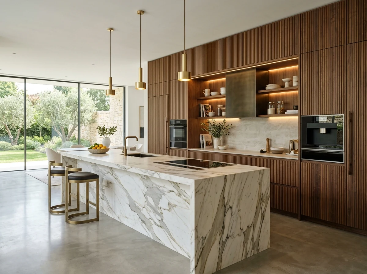 Premium modular kitchen with marble waterfall breakfast counter, warm wood cabinetry and built-in appliances by Wood Crops, Chennai