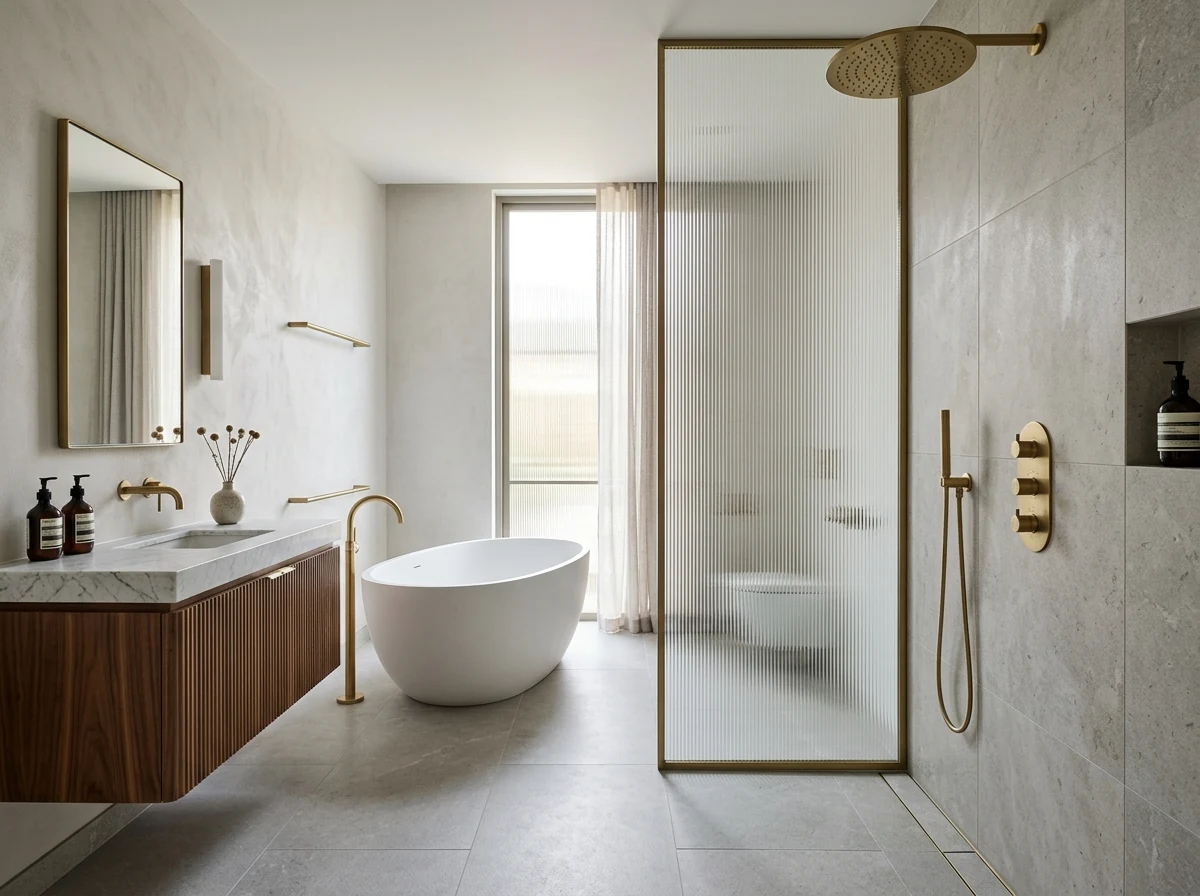 Modern bathroom design with freestanding soaking tub, glass shower enclosure and premium brass plumbing fittings by Wood Crops, Chennai