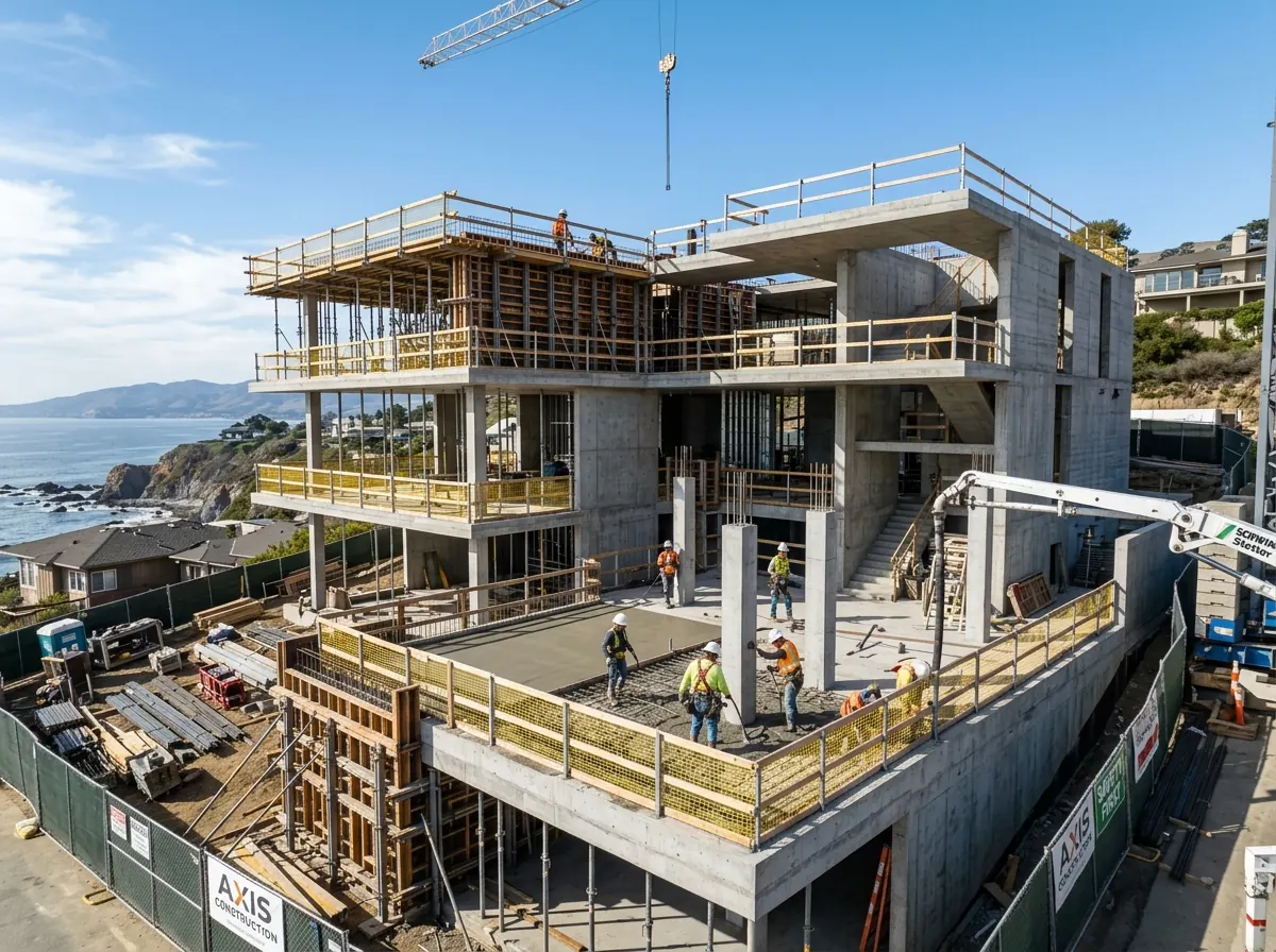Multi-storey building under construction with site engineers and scaffolding