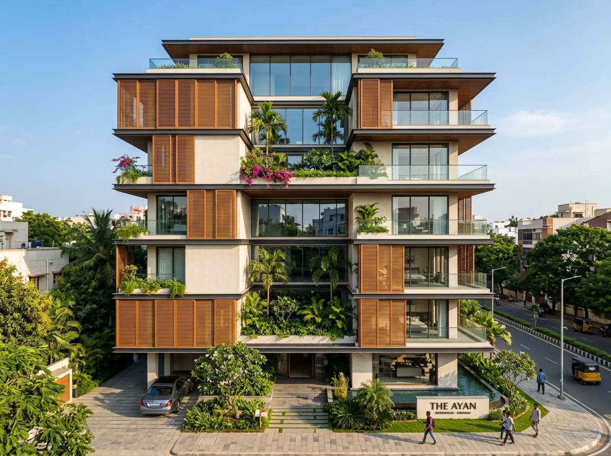 Multi-storey residential building with timber louvres and balcony gardens in Chennai