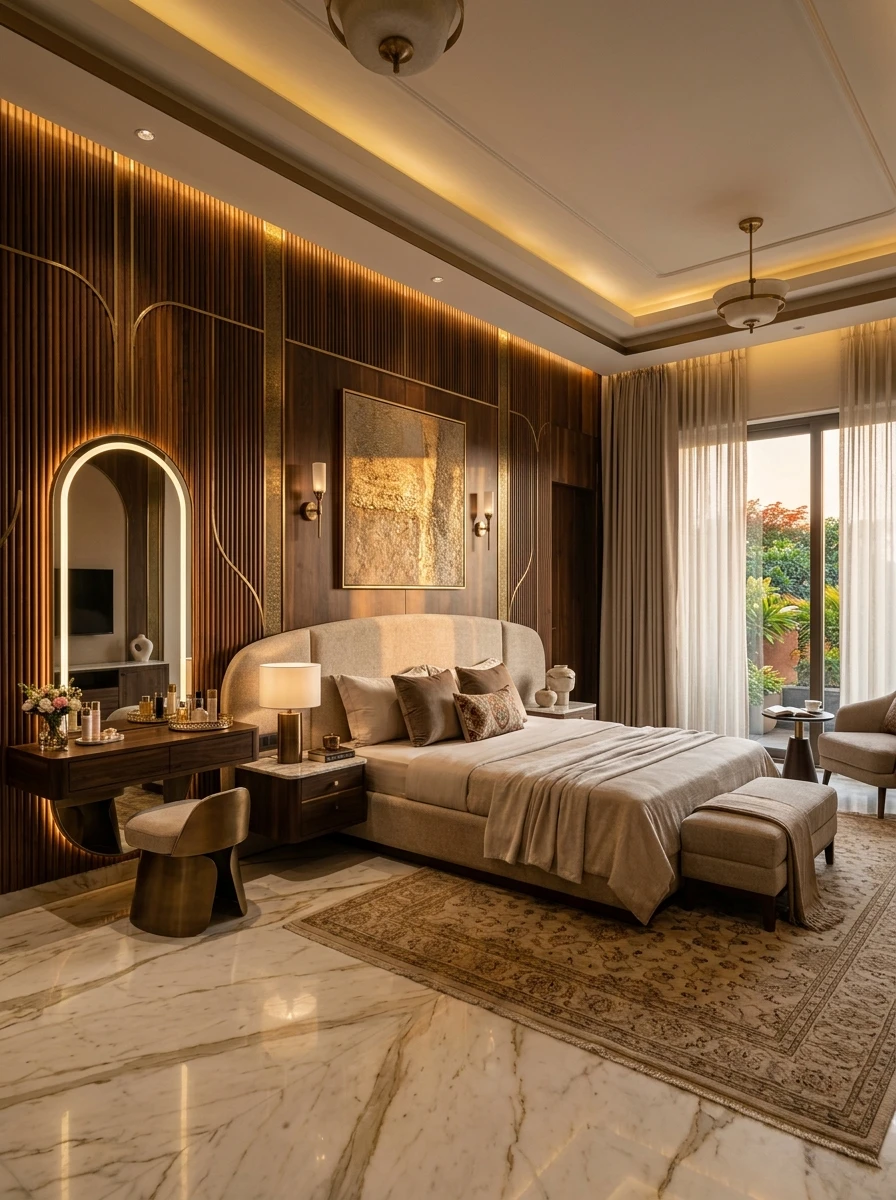 Bespoke luxury master bedroom with fluted walnut paneling, brass arches, backlit vanity mirror and designer bed crafted by Wood Crops, Chennai