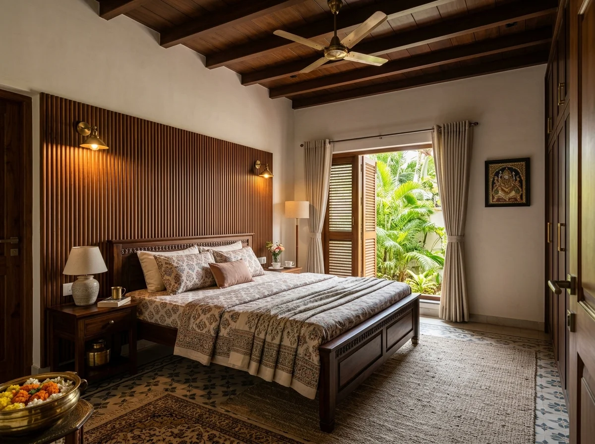 Master bedroom with fluted teak wall panel, solid wood bed and brass sconce lights by Wood Crops, Chennai