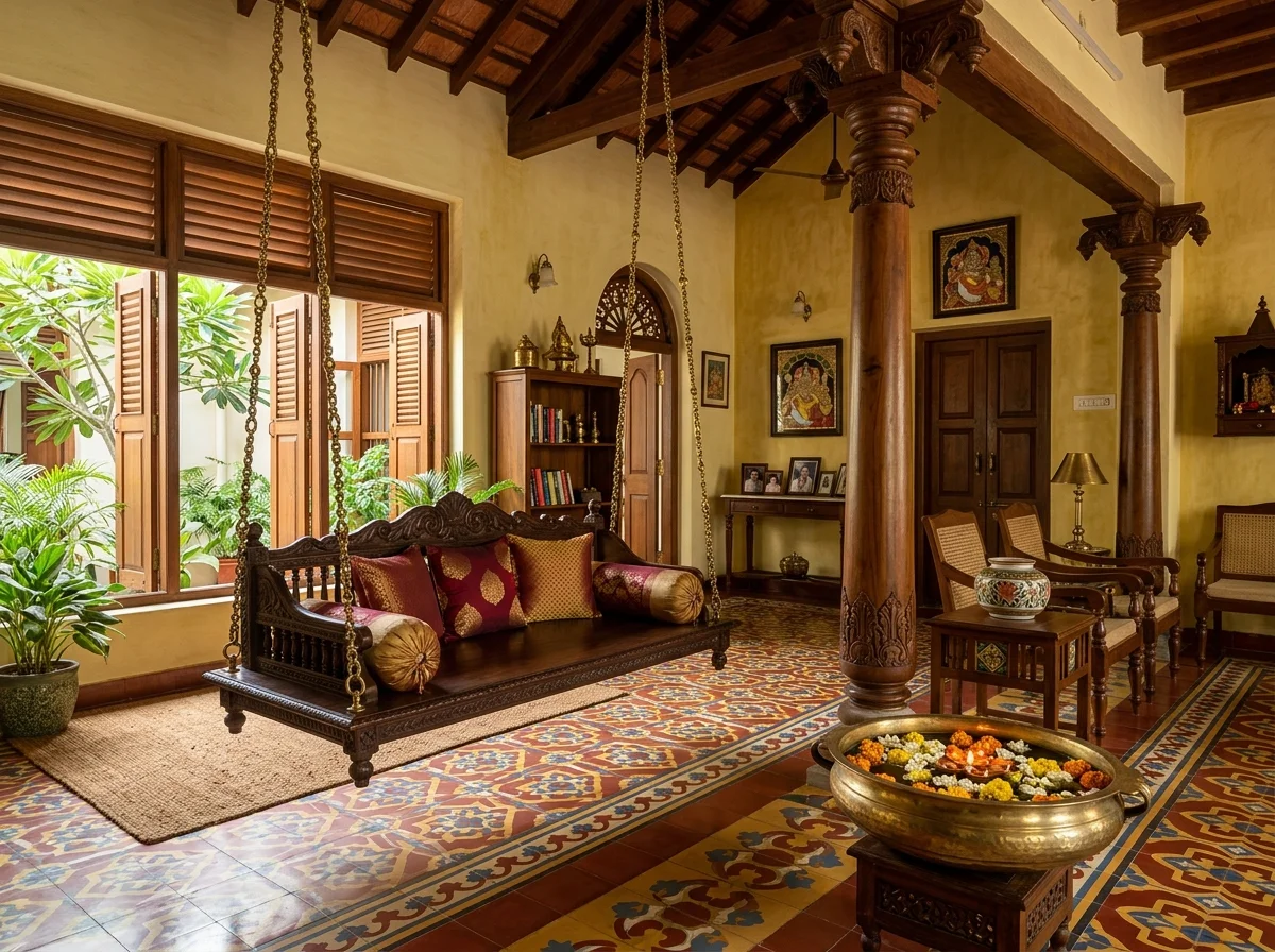 Chettinad style living room with handcrafted teak wood swing, Athangudi tiles and carved pillars by Wood Crops, Chennai