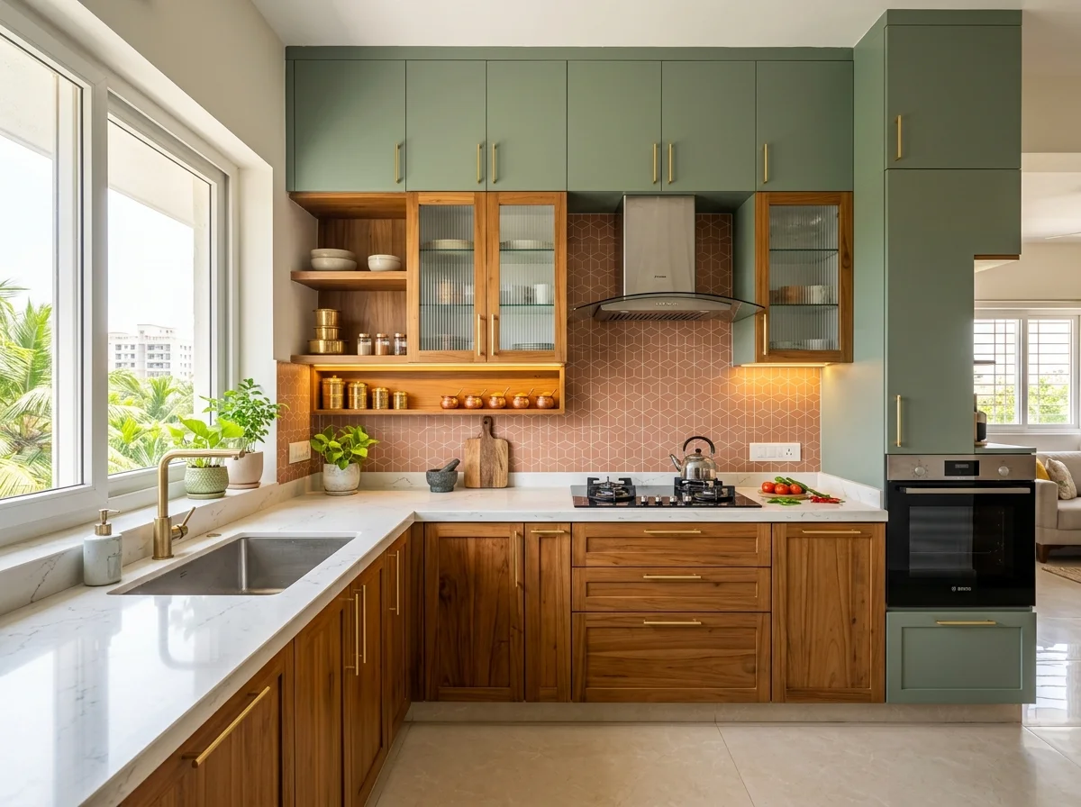 Contemporary South Indian modular kitchen with teak finish cabinets, sage green accents and quartz counter by Wood Crops, Chennai