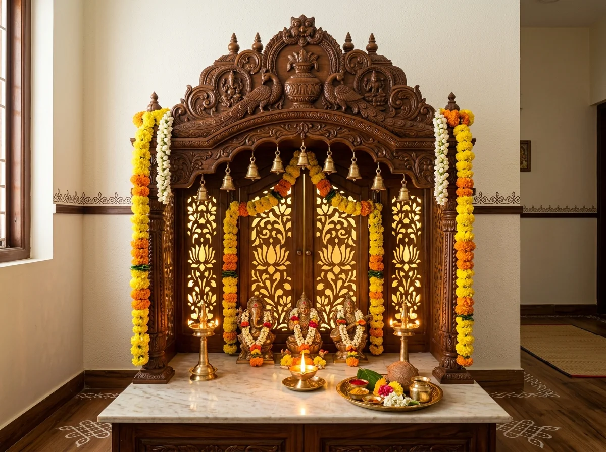 Traditional carved South Indian teakwood pooja mandir with backlit lotus jaali doors and brass bells by Wood Crops, Chennai