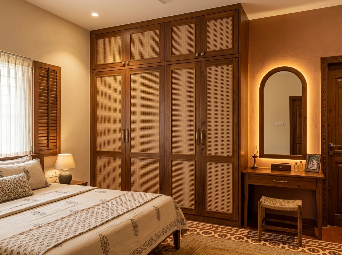 Handcrafted South Indian cane weave and teak wood floor-to-ceiling wardrobe with vanity mirror by Wood Crops, Chennai